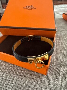 Hermes Black Leather Bracelet with Gold Hardware